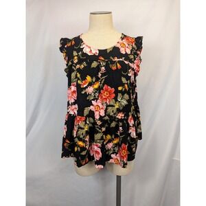 American Eagle Top Large Black Floral Peplum Ruffle Sleeve Boho Babydoll Summer
